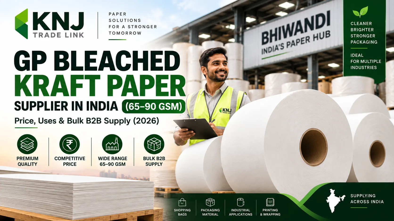 GP Bleached Kraft Paper Supplier in India (65–90 GSM) — Price, Uses & Bulk B2B Supply (2026)